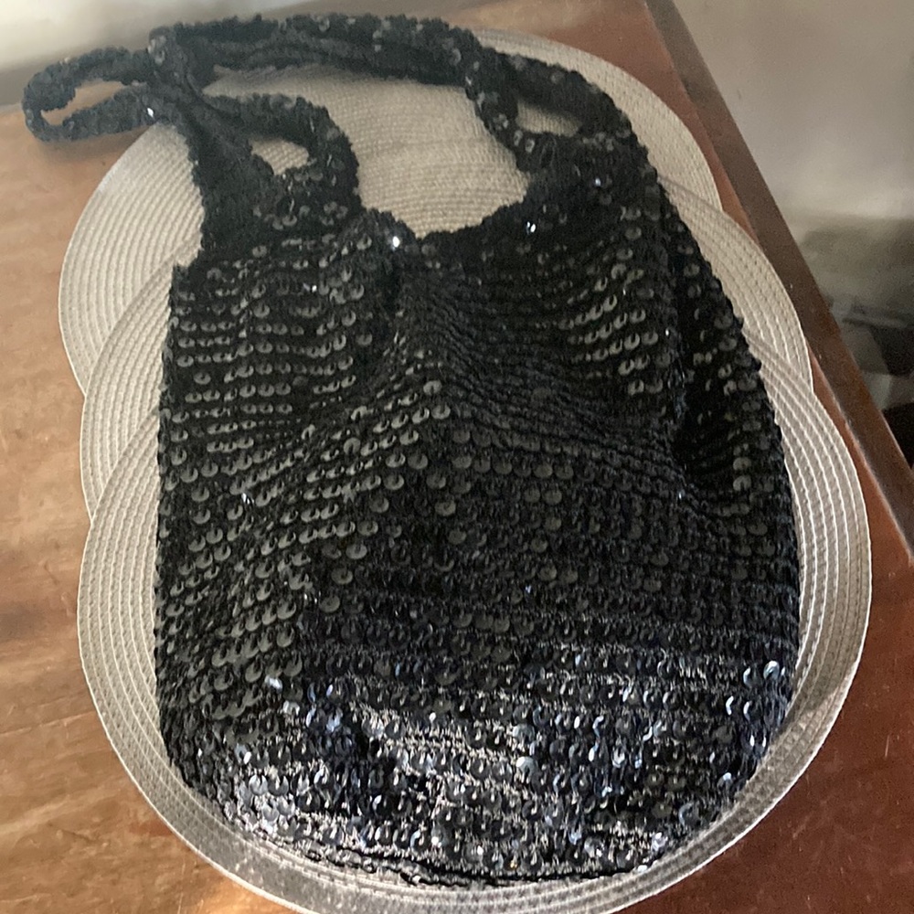 Vintage Black Sequin Crochet Hobo Shoulder Bag